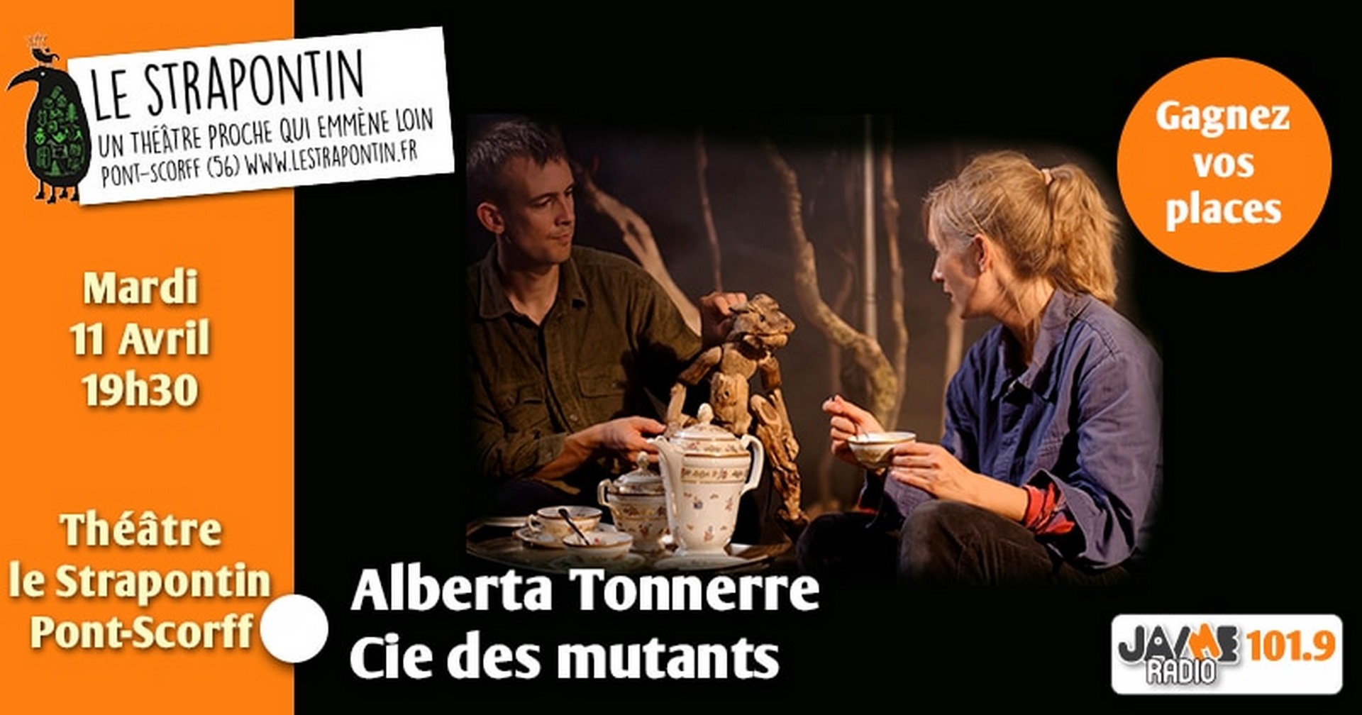 la pièce de théâtre Alberta Tonnerre sera jouée le mardi 11 Avril à 19h30 au Strapontin de Pont-Scorff.