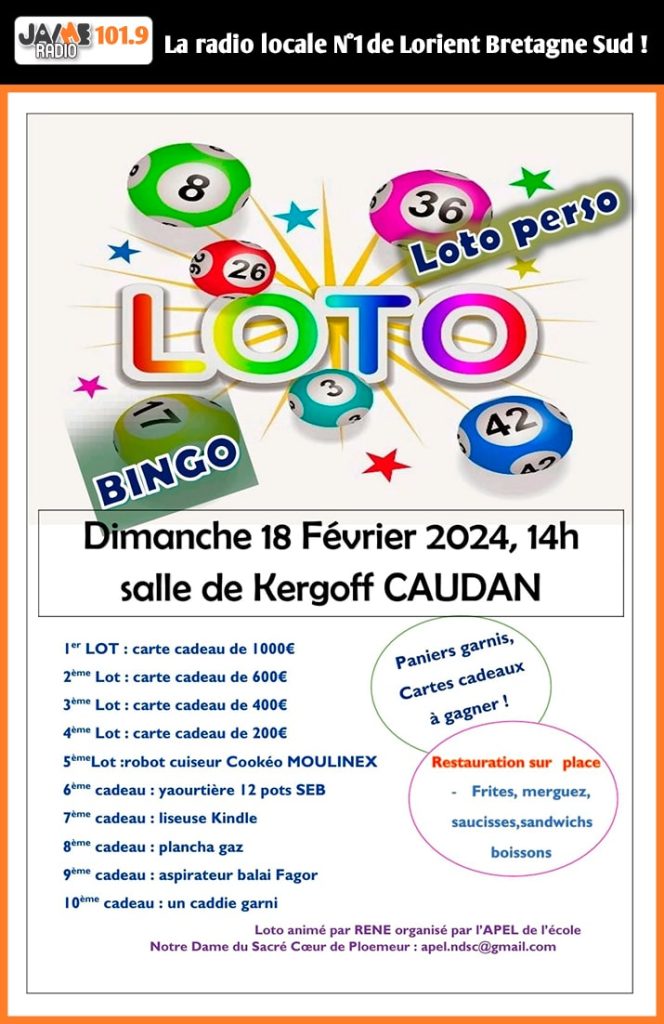 Venez nombreux au Loto de l'APEL de l'école Notre Dame du Sacré Cœur de Ploemeur !