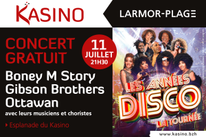 Concert gratuit au Kasino de Larmor-Plage le jeudi 11 juillet. Revivez les années disco avec Boney M Story, Gibson Brothers et Ottawan !
