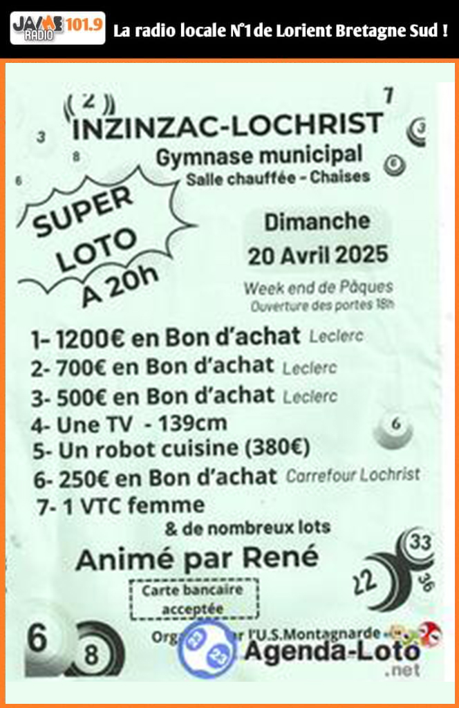 Super Loto le dimanche 20 avril à Inzinzac-Lochrist