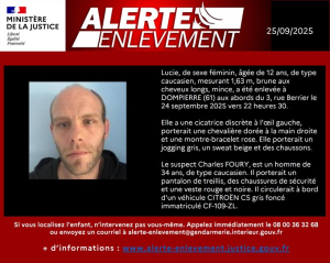 Lucie, 12 ans, a été enlevée à Dompierre (61) le 24 septembre 2025 vers 22h30. Le suspect Charles Foury circule à bord d’une Citroën C5 grise immatriculée CF-109-ZL.