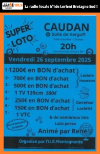 Rendez-vous vendredi 26 septembre à Caudan pour le Super Loto de l’US Montagnarde, avec des bons d’achat jusqu’à 1 200€, une télé et de nombreux lots.