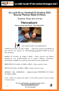 La Bourse Maman Bébé d’Hennebont organise sa vente automne-hiver du 7 au 9 octobre au centre culturel Jean Ferrat. Vêtements, jouets et puériculture.
