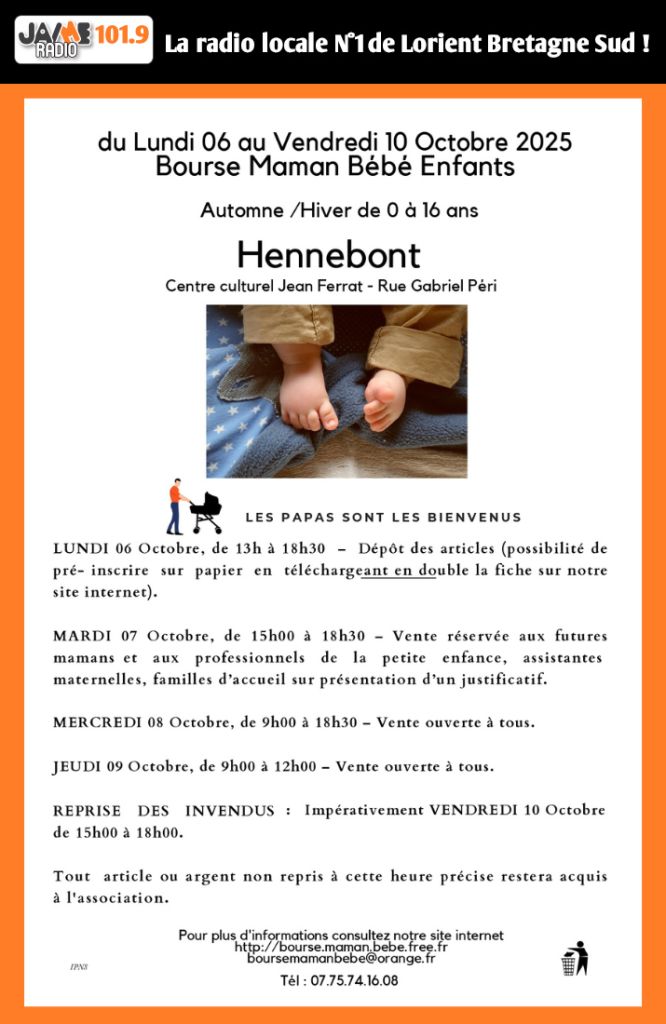 La Bourse Maman Bébé d’Hennebont organise sa vente automne-hiver du 7 au 9 octobre au centre culturel Jean Ferrat. Vêtements, jouets et puériculture.