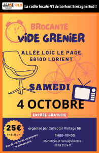 Samedi 4 octobre, retrouvez la brocante vide-grenier de Collector Vintage 56 à Lorient, allée Loïc Le Page, de 8h à 18h. Entrée gratuite.