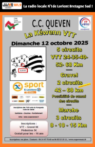 Le club cyclo de Quéven organise la 15ᵉ édition des KEWENN le 12 octobre avec circuits VTT, gravel et marche. Inscriptions dès 7h30 à la salle du Ronquédo.