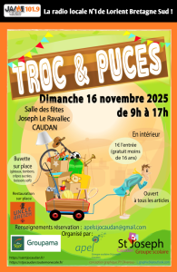 Rendez-vous dimanche 16 novembre à la salle des fêtes de Caudan pour le troc et puces de l’APEL Saint-Joseph. Buvette, food truck et bonne ambiance au programme !
