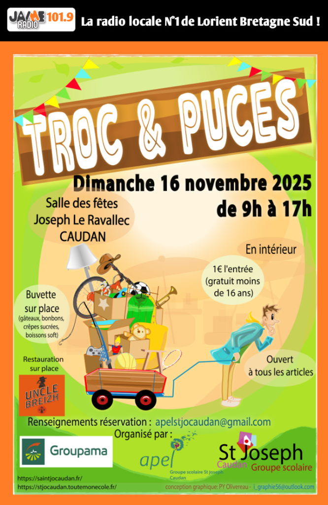 Rendez-vous dimanche 16 novembre à la salle des fêtes de Caudan pour le troc et puces de l’APEL Saint-Joseph. Buvette, food truck et bonne ambiance au programme !