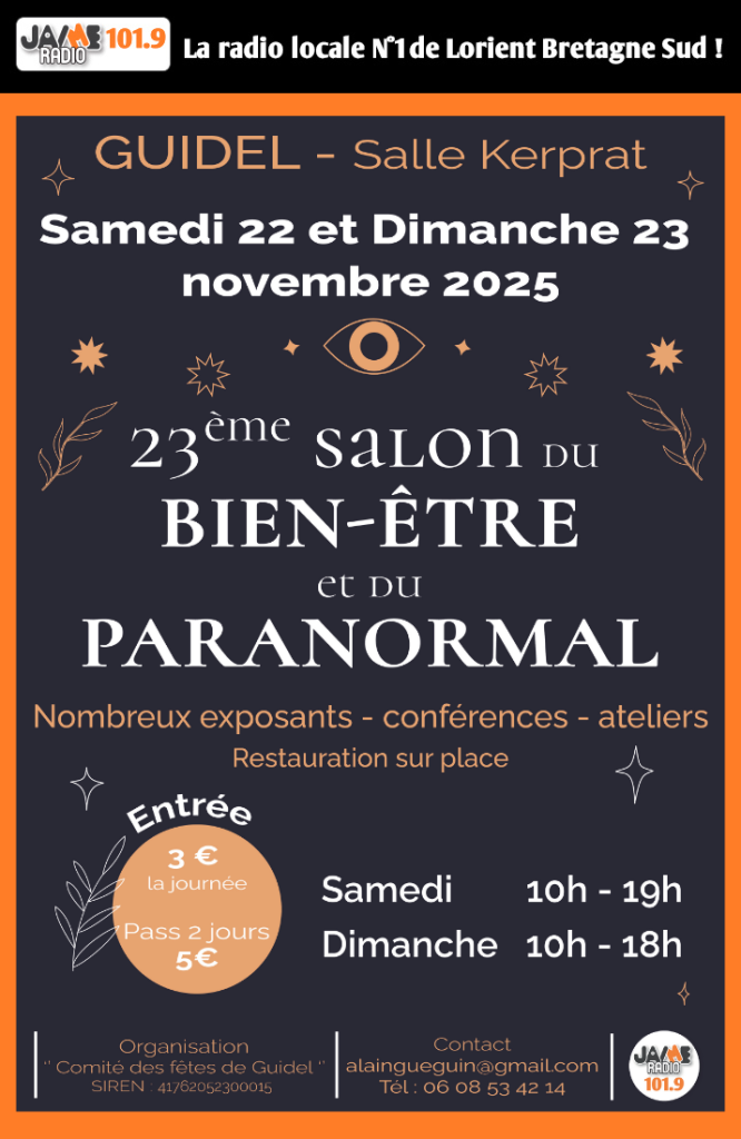 Ne manquez pas le 23e Salon du bien-être et du paranormal à Guidel les 22 et 23 novembre. Conférences, ateliers et exposants vous attendent à la salle de Kerprat.
