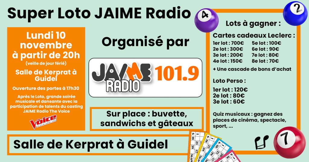 Super Loto organisé par JAIME Radio le 10 novembre à Guidel