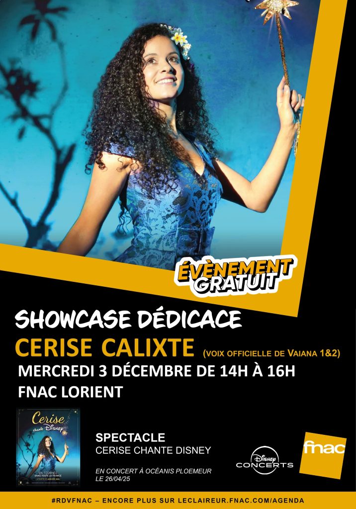 Cerise, la voix de Vaïana, sera en showcase gratuit à la Fnac de Lorient le mercredi 3 décembre de 14h à 16h. Rencontre et dédicaces au programme.