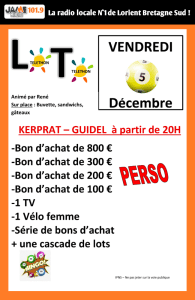 Un loto au profit du Téléthon a lieu le 5 décembre à la salle Kerprat de Guidel, avec bons d’achat, télé, et nombreux lots à gagner.