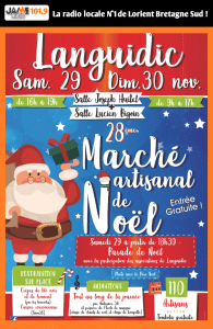 La 28e édition du marché de Noël de Languidic se tient les 29 et 30 novembre 2025 avec 110 exposants, parade, animations, photo avec le Père Noël et entrée gratuite.