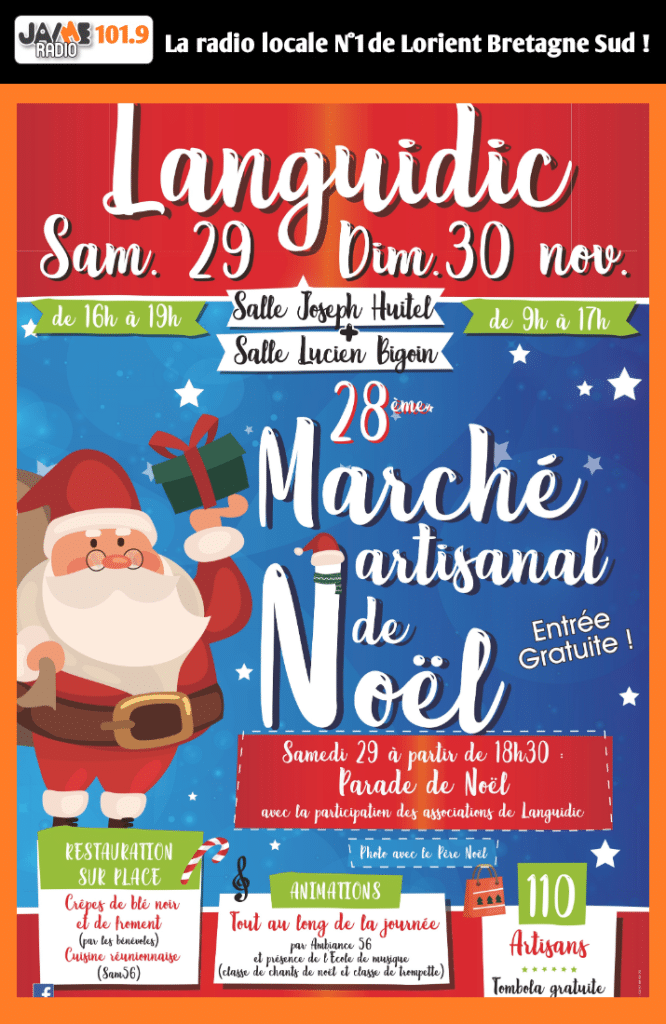 La 28e édition du marché de Noël de Languidic se tient les 29 et 30 novembre 2025 avec 110 exposants, parade, animations, photo avec le Père Noël et entrée gratuite.