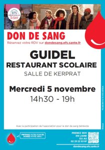 Une collecte de sang aura lieu à Guidel, salle de Kerprat, le mercredi 5 novembre de 14h30 à 19h. Venez faire un geste solidaire !