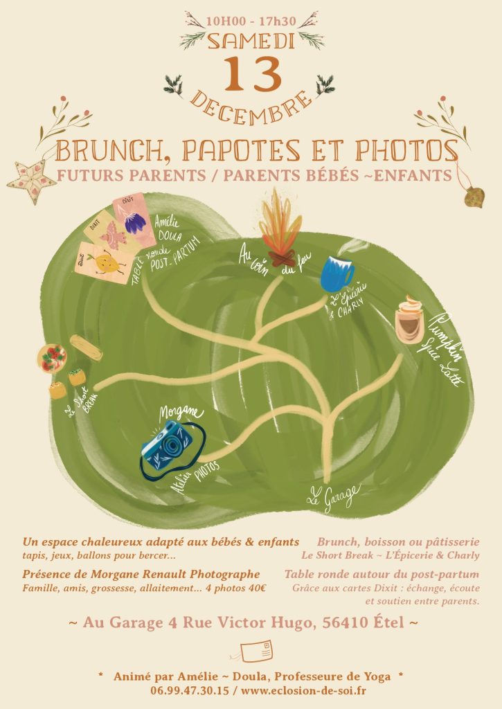 Partagez un moment convivial avec d’autres parents lors du brunch « Papotes et photos » à Étel : échanges, douceur, animations et photos professionnelles.