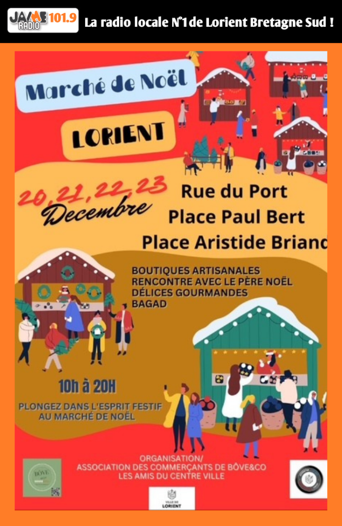 Ne manquez pas le marché de Noël de Lorient du 20 au 23 décembre : animations, maison du Père Noël, tombola, déambulation et présence du Bagad de Ploemeur.
