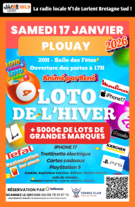 Le Tennis Club de Plouay organise son Loto de l’hiver samedi 17 janvier à 20h, avec plus de 5 000 € de lots à gagner.