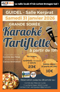 Le comité des fêtes de Guidel organise une soirée karaoké tartiflette le samedi 31 janvier 2026 à la salle Kerprat. Repas et soirée chant au programme.