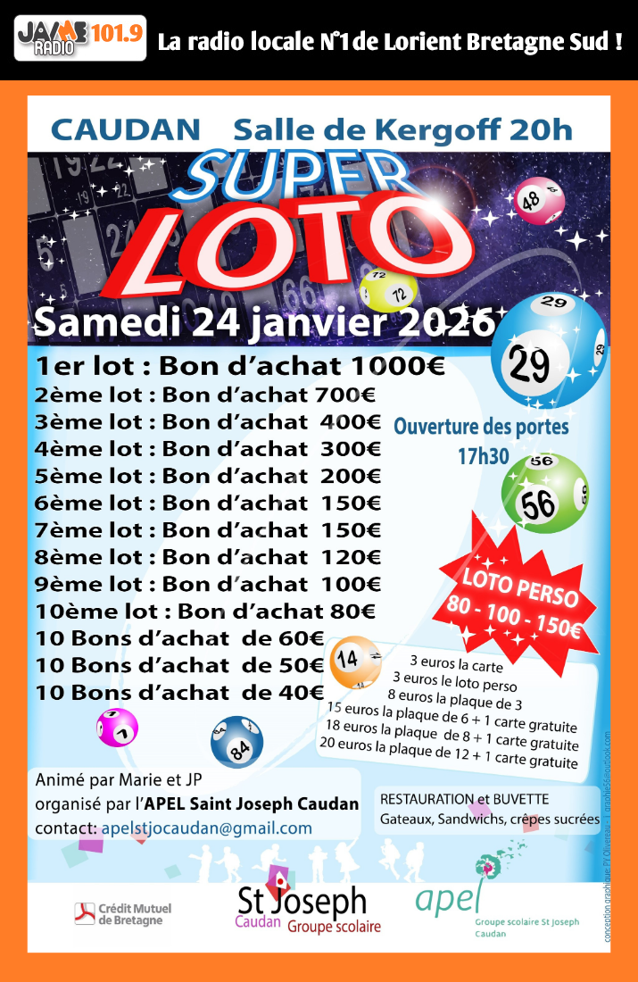 Participez au Super LOTO de l’APEL Saint-Joseph de Caudan le samedi 24 janvier à 20h à la salle de Kergoff. De nombreux lots à gagner, dont un bon d’achat de 1 000 €.