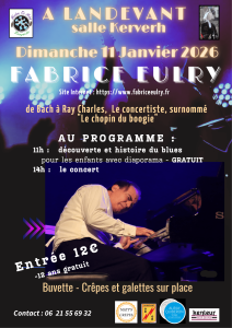 Fabrice Eulry anime une journée Éveil au Blues à Landevant avec atelier musical gratuit et concert piano. Rendez-vous salle Kerverh.