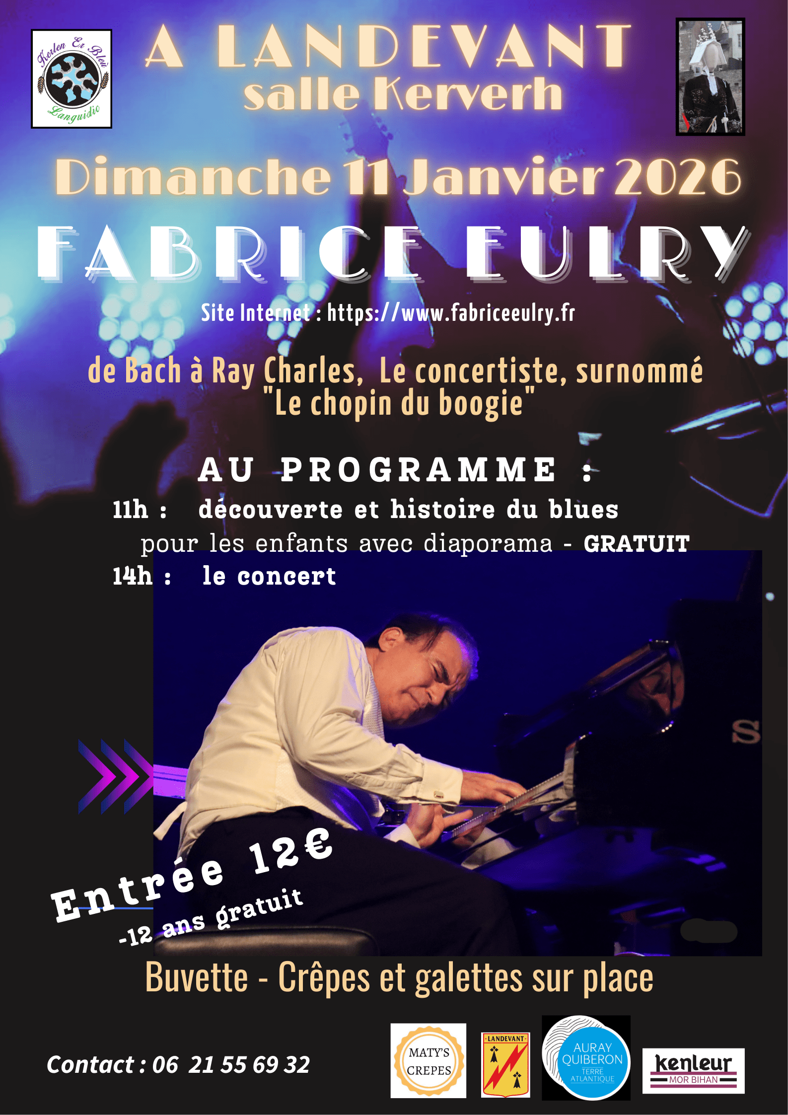 Fabrice Eulry anime une journée Éveil au Blues à Landevant avec atelier musical gratuit et concert piano. Rendez-vous salle Kerverh.
