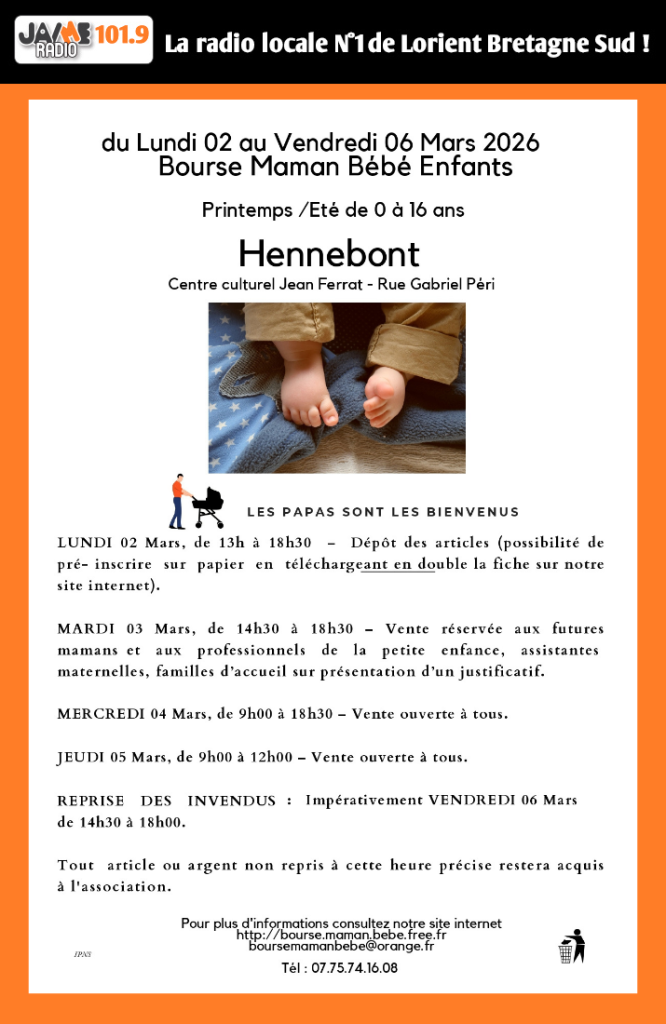 La Bourse Maman Bébé revient à Hennebont du 3 au 5 mars au Centre Jean Ferrat avec vêtements, puériculture et jouets.