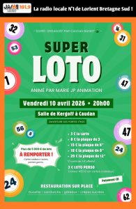 Le Caudan Basket organise un Super Loto le 10 avril à la salle Kergoff. Plus de 5 000 € de lots à gagner, cartes cadeaux Leclerc, paniers garnis, buvette et restauration sur place.