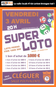 Le FC Kerchopine organise un Super Loto le 3 avril à Cléguer. Bons d’achat jusqu’à 1 000 €, animation, salle chauffée, buvette et ambiance conviviale.