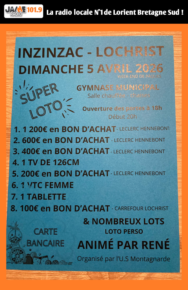 L’US Montagnarde organise un Super Loto le 5 avril à Inzinzac-Lochrist. Bons d’achat jusqu’à 1 200 €, VTC et nombreux lots à gagner.