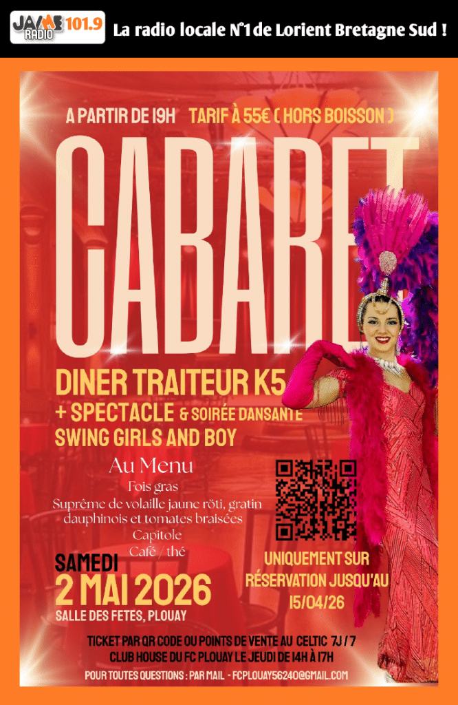 Le FC Plouay organise une soirée cabaret le 2 mai avec dîner et spectacle à la salle des fêtes. Réservez vos places dès maintenant.