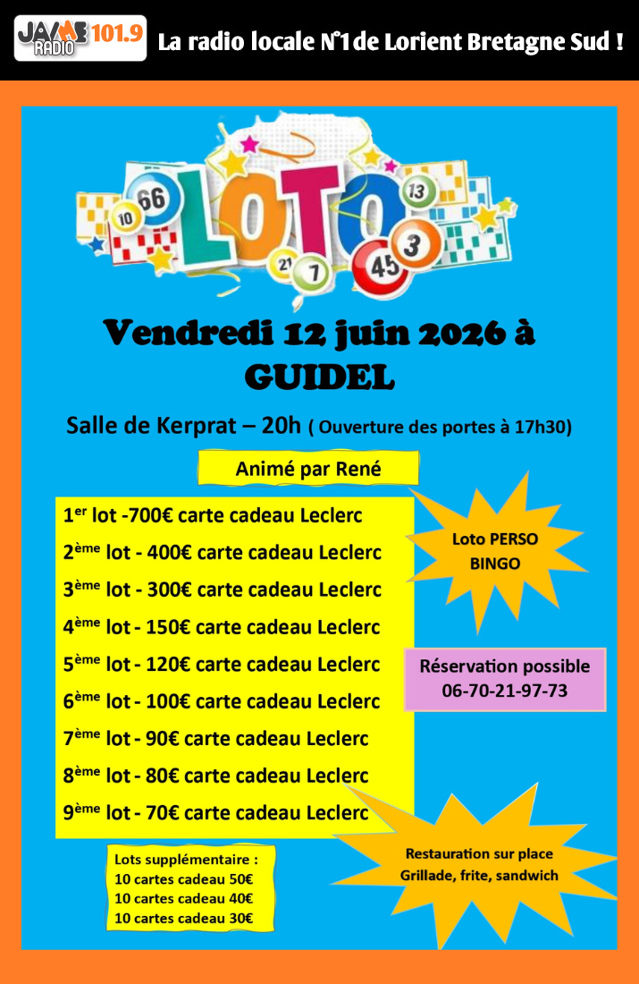 Le club de handball de Quéven-Guidel organise un loto le vendredi 12 juin à la salle Kerprat à Guidel.