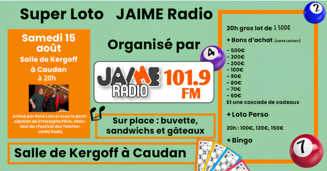 Participez au loto JAIME Radio le 15 août 2026 à Caudan avec 1 500 € à gagner, Bingo, animations et ambiance festive.