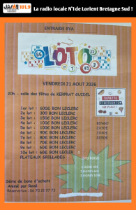 Participez au loto du vendredi 21 août à la salle de Kerprat à Guidel. Cartes cadeaux Leclerc jusqu'à 600 € buvette et restauration sur place.