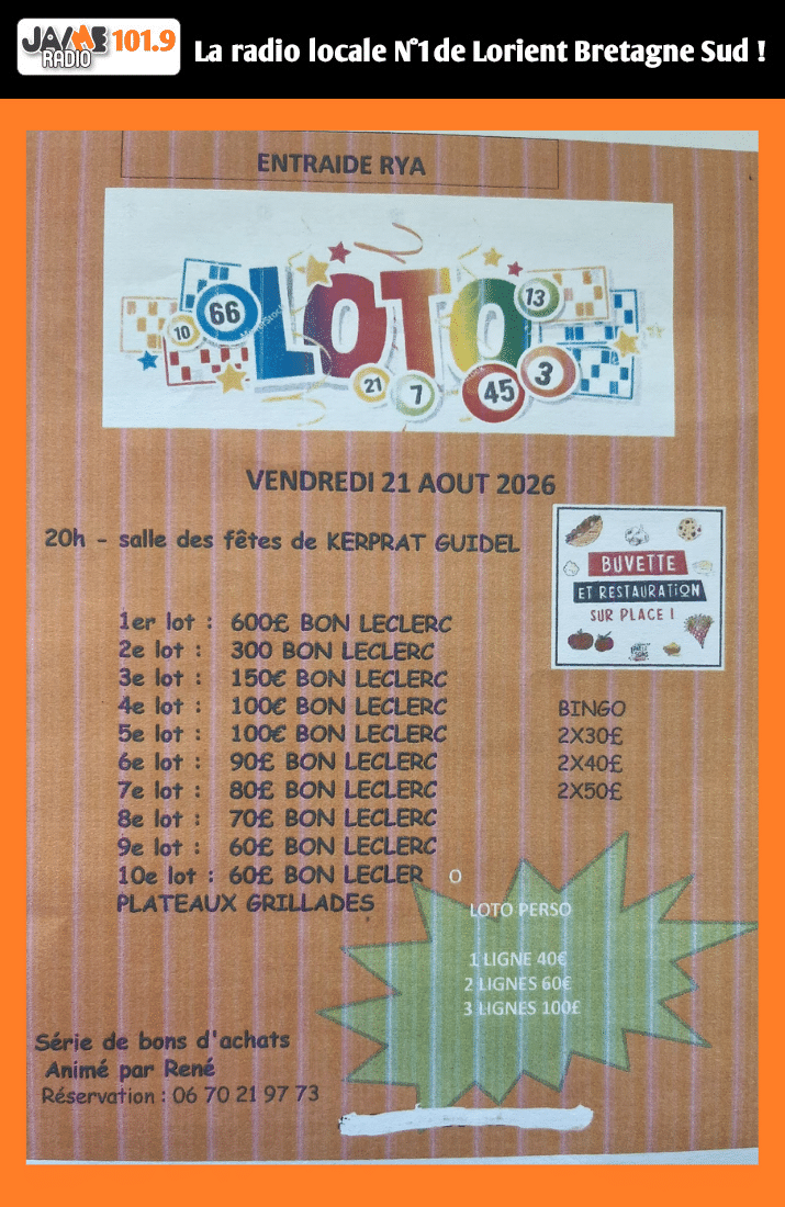 Participez au loto du vendredi 21 août à la salle de Kerprat à Guidel. Cartes cadeaux Leclerc jusqu'à 600 € buvette et restauration sur place.