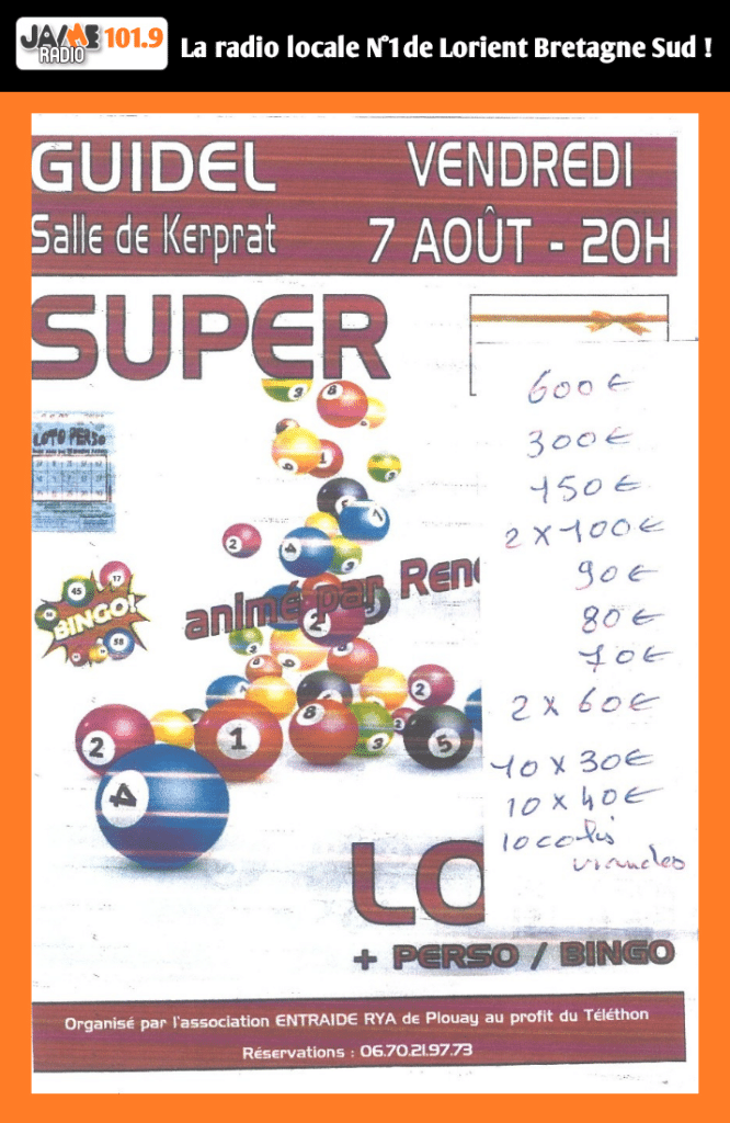 Participez au loto du vendredi 7 août à la salle de Kerprat à Guidel. Cartes cadeaux Leclerc jusqu'à 600 € buvette et restauration sur place.