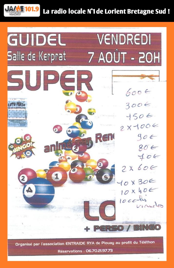 Participez au loto du vendredi 7 août à la salle de Kerprat à Guidel. Cartes cadeaux Leclerc jusqu'à 600 € buvette et restauration sur place.