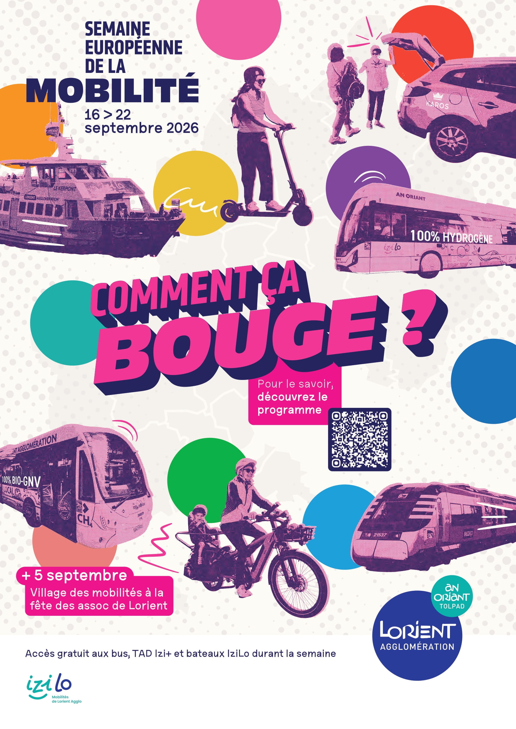 Du 16 au 22 septembre, Lorient Agglomération propose une Semaine de la Mobilité avec transports IziLo gratuits et nombreuses animations.