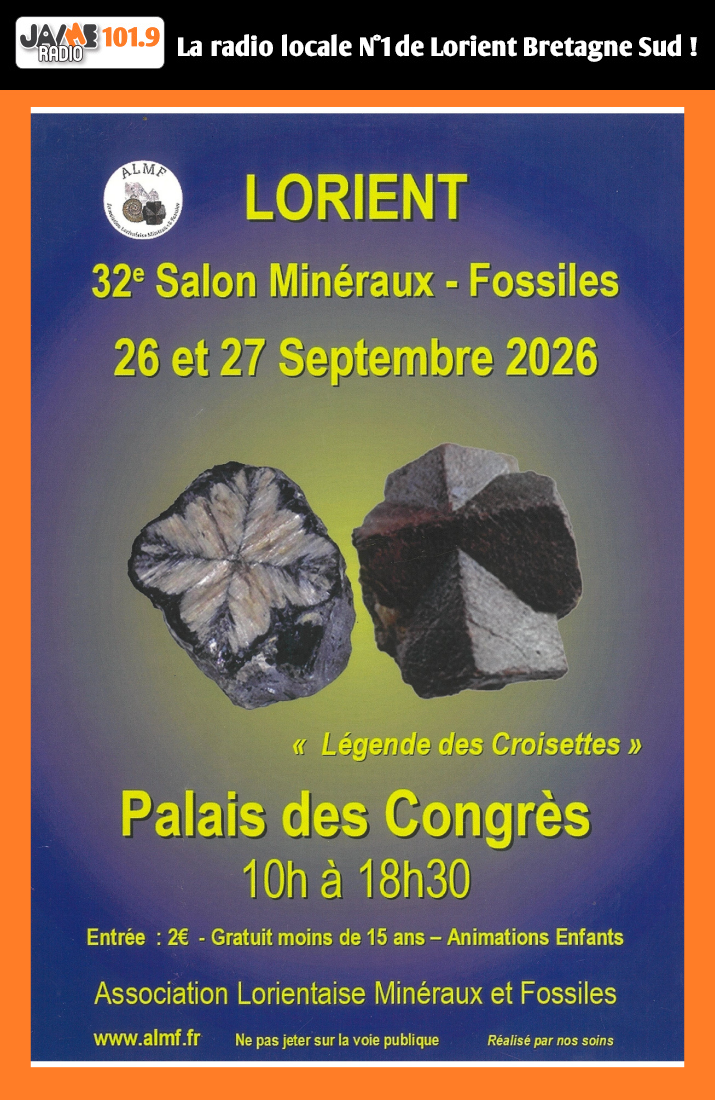 Le Salon Minéraux & Fossiles revient au Palais des Congrès de Lorient les 26 et 27 septembre 2026, avec exposants, conférences et animations.