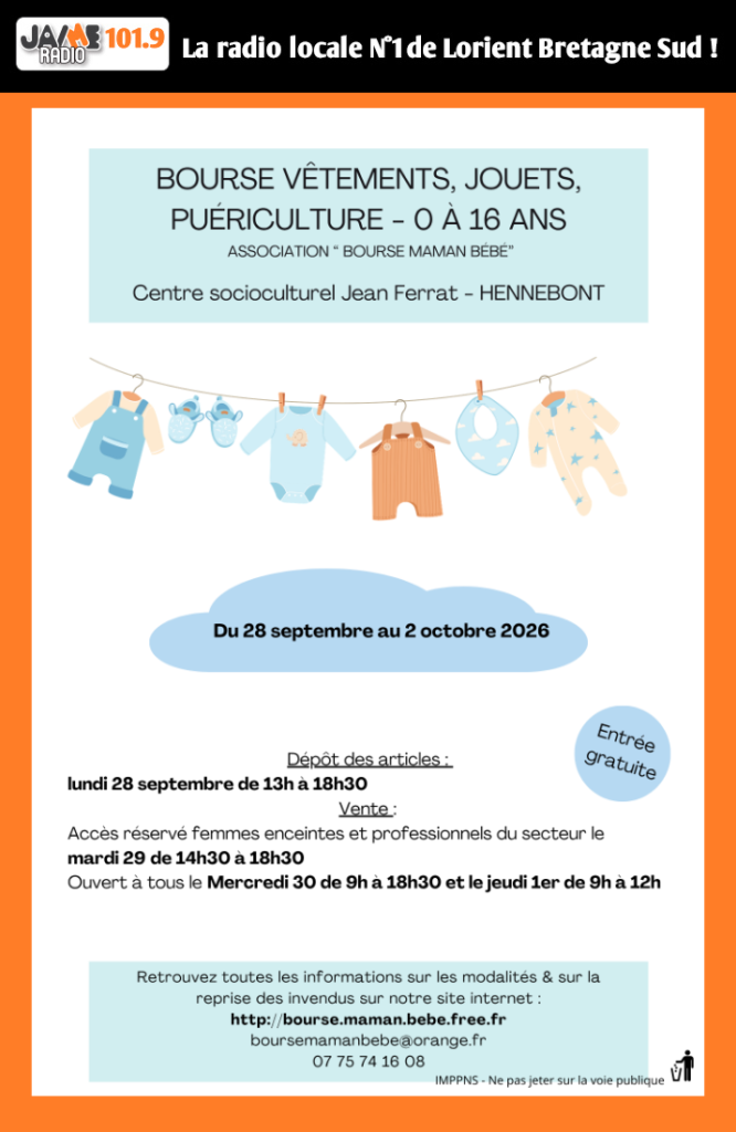 La Bourse Maman Bébé Enfants revient à Hennebont les 30 septembre et 1er octobre avec vêtements, puériculture, jouets et livres.