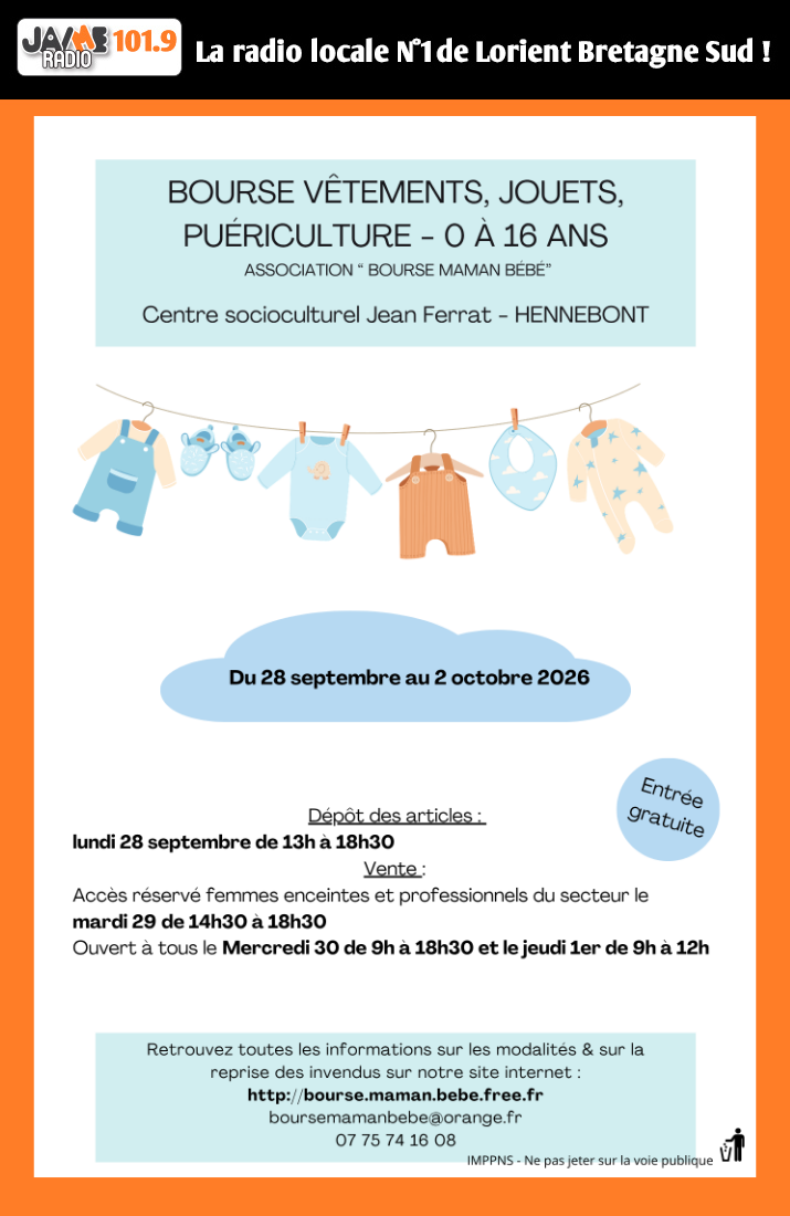 La Bourse Maman Bébé Enfants revient à Hennebont les 30 septembre et 1er octobre avec vêtements, puériculture, jouets et livres.