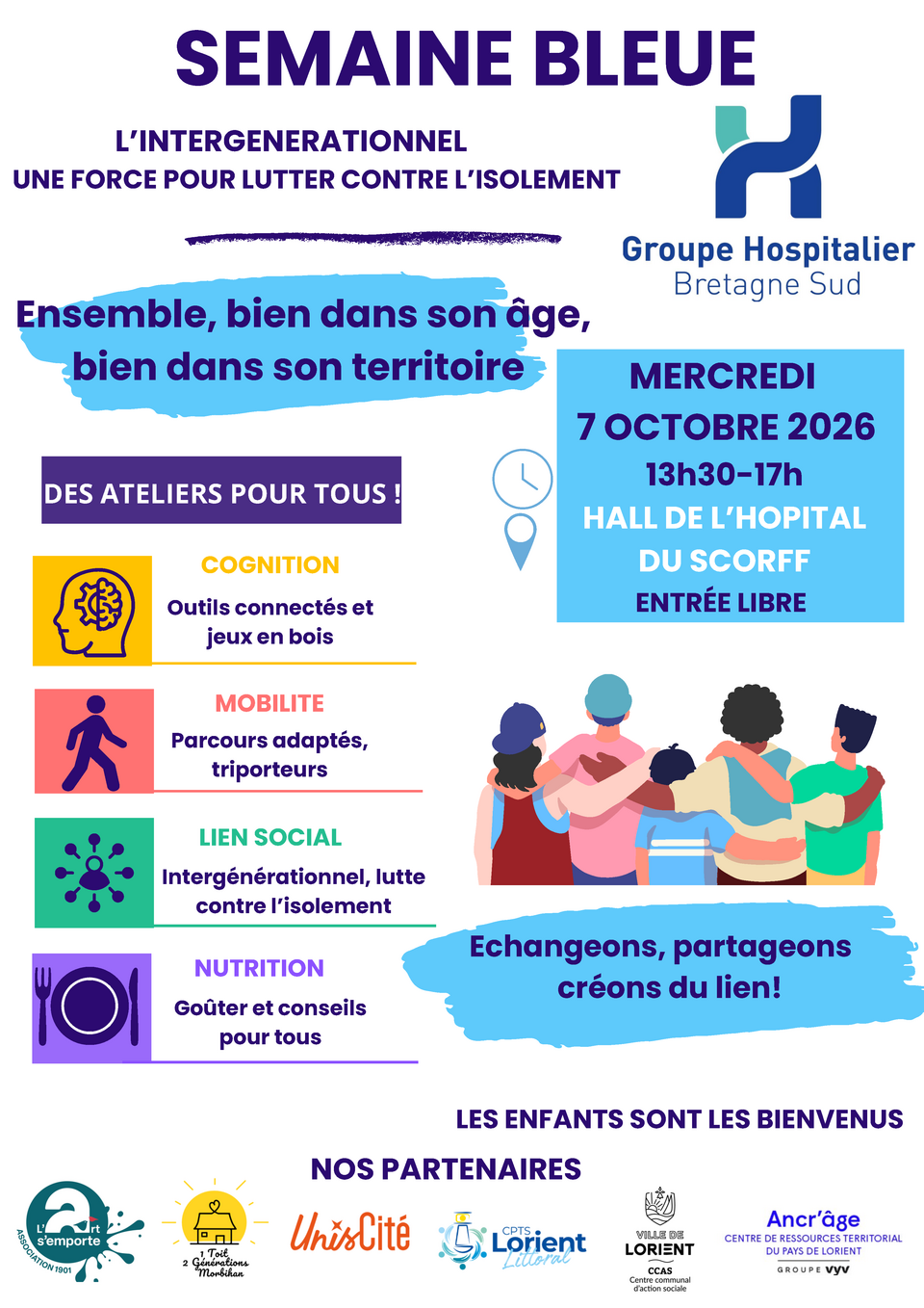 Le GHBS et ses partenaires organisent une animation le 7 octobre à l’Hôpital du Scorff à Lorient autour des seniors et des liens intergénérationnels.