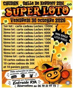 Un loto animé par René Loto se tient le vendredi 30 octobre à Caudan. Jusqu’à 1 300 € de cartes cadeaux Leclerc, un mini bingo et un loto perso sont à gagner.