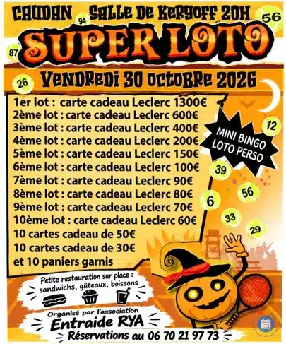Un loto animé par René Loto se tient le vendredi 30 octobre à Caudan. Jusqu’à 1 300 € de cartes cadeaux Leclerc, un mini bingo et un loto perso sont à gagner.