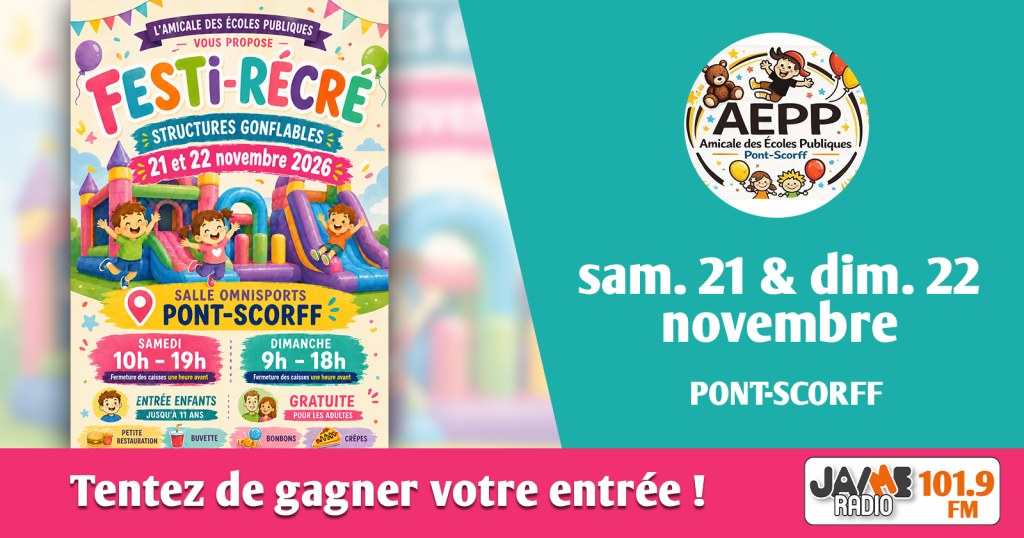JAIME Radio vous fait gagner vos pass journée pour Festi-Récré, les 21 et 22 novembre 2026 à Pont-Scorff. Jeux et structures gonflables pour les enfants !