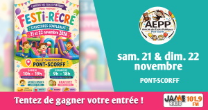 JAIME Radio vous fait gagner vos pass journée pour Festi-Récré, les 21 et 22 novembre 2026 à Pont-Scorff. Jeux et structures gonflables pour les enfants !