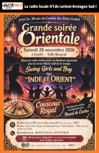 Le Comité des Fêtes de Guidel organise une soirée orientale le 28 novembre à la salle Kerprat, avec la revue Music-hall Swing Girls and Boy et un couscous royal.