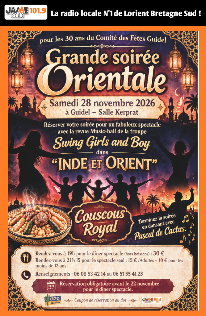 Le Comité des Fêtes de Guidel organise une soirée orientale le 28 novembre à la salle Kerprat, avec la revue Music-hall Swing Girls and Boy et un couscous royal.