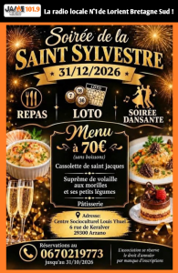Un réveillon festif est organisé le 31 décembre au Centre Socioculturel Louis Yhuel à Arzano avec repas, loto et soirée dansante.