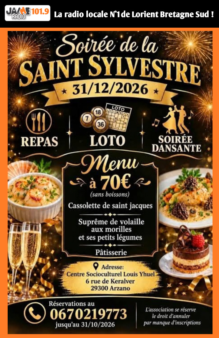 Un réveillon festif est organisé le 31 décembre au Centre Socioculturel Louis Yhuel à Arzano avec repas, loto et soirée dansante.
